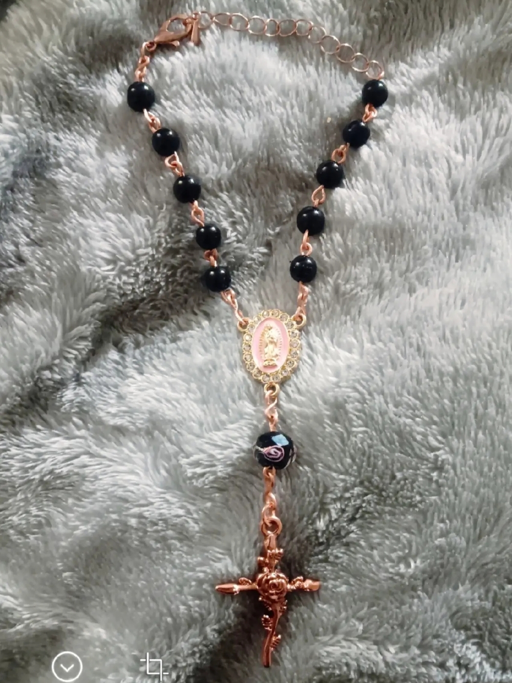 Black Beaded Car Rosary with Rose Gold Crucifix